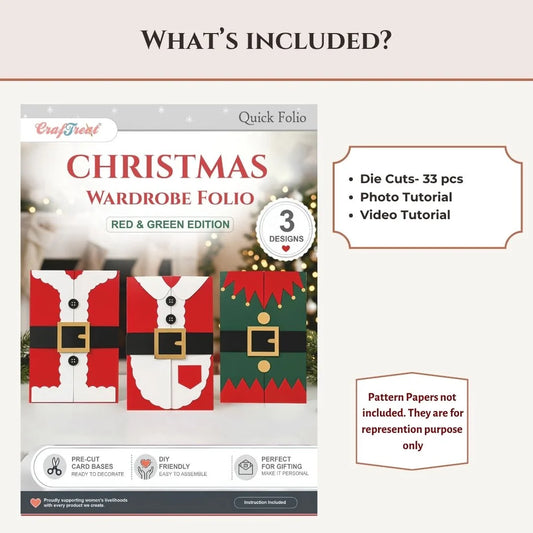 A product information graphic for a Christmas wardrobe folio set. The left side shows the front cover of the 'Crafter's Friend' Quick Folio, featuring red and green holiday-themed designs.