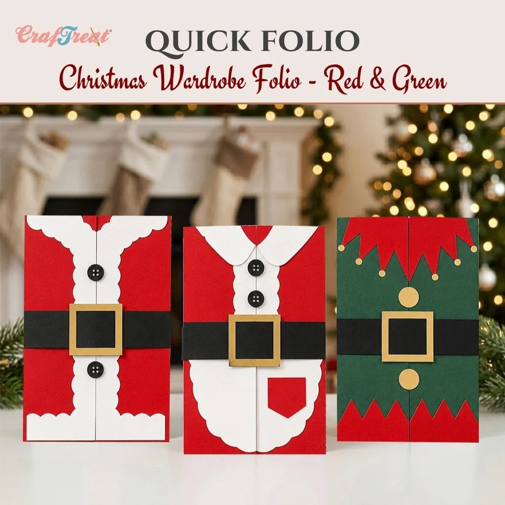 Three Christmas-themed wardrobe folios displayed side by side on a white surface, with a blurred holiday background. The top of the image includes a banner reading 'CraftFront Quick Folio Christmas Wardrobe Folio - Red & Green'.