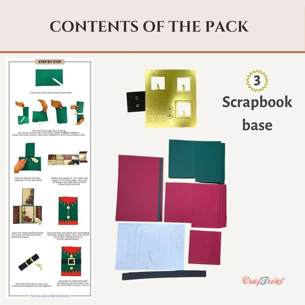Contents of a scrapbook base pack displayed on a beige background, including a gold metal base, three colored cardstock sheets (teal, magenta, and light blue), a black strip, and a step-by-step instruction panel on the left under the heading 'CONTENTS OF THE PACK'.