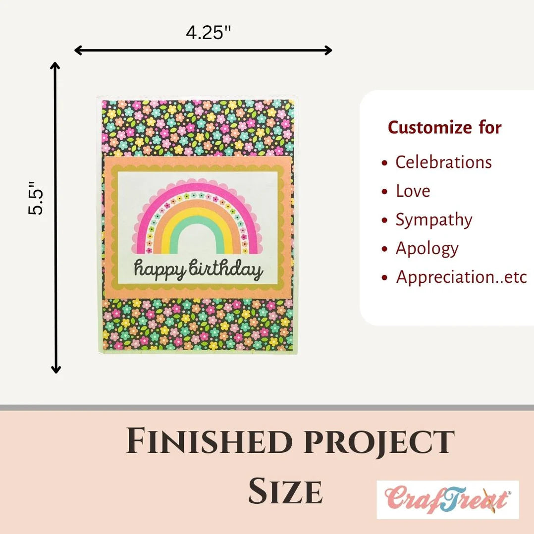 Colorful card with rainbow design and text, dimensions shown, on a white background.
