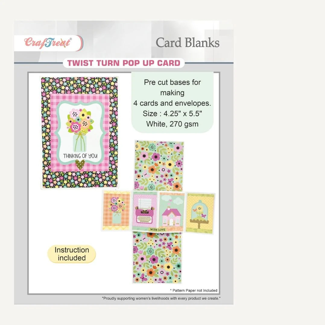 Card blanks with floral designs and text on a white background pop up twist 