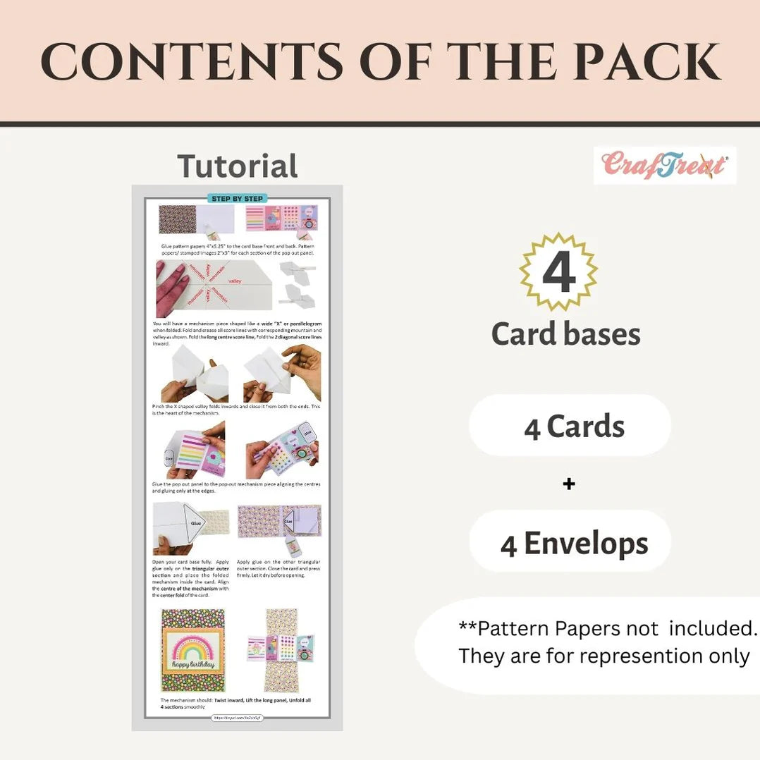 Product packaging with tutorial sheet and item count for card-making supplies.