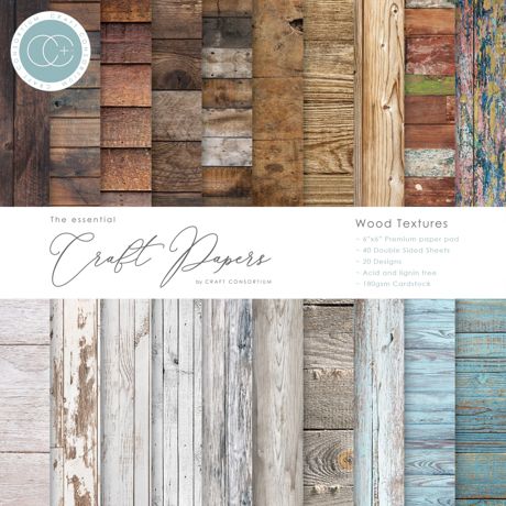 Collection of wood texture craft papers with a brand logo at the top.