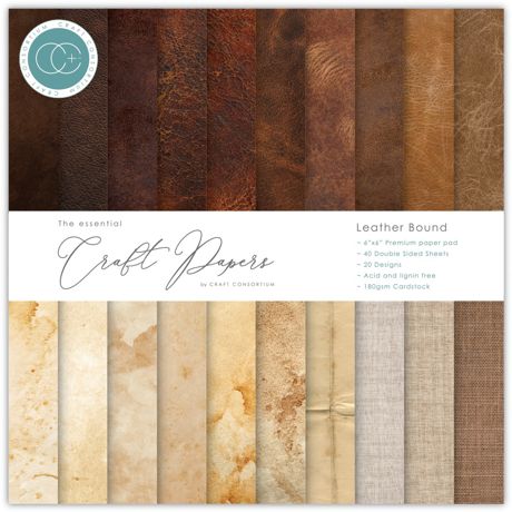 Collection of leather-bound craft papers with a brand logo at the top.