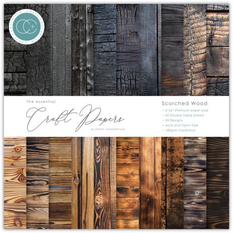 Scorched wood patterned paper pad with brand logo at the top left corner.