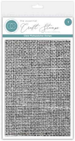 Packaging of clear photopolymer stamps with a Hessian textured pattern on a white background.