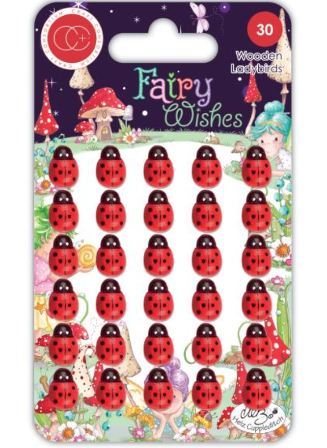 Packaging of 'Fairy Wishes' wooden ladybugs with colorful design on a white background