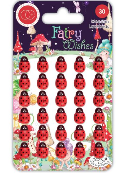 Packaging of 'Fairy Wishes' wooden ladybugs with colorful design on a white background