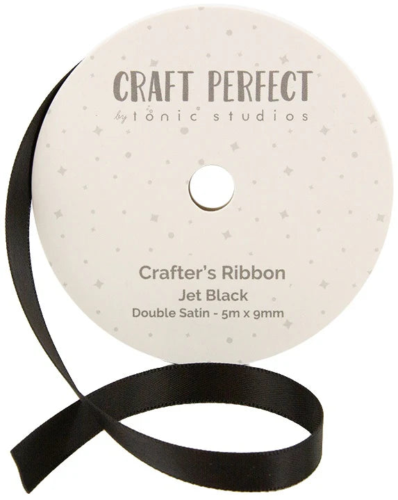 Roll of black satin ribbon with 'Craft Perfect' packaging on a white background