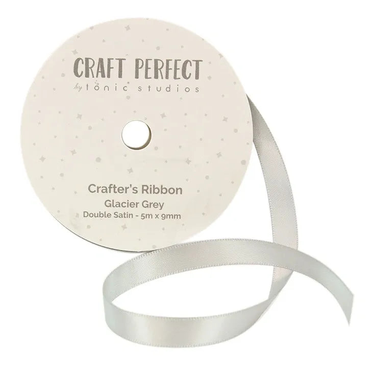Roll of Glacier Grey ribbon with 'Craft Perfect' label on a white background