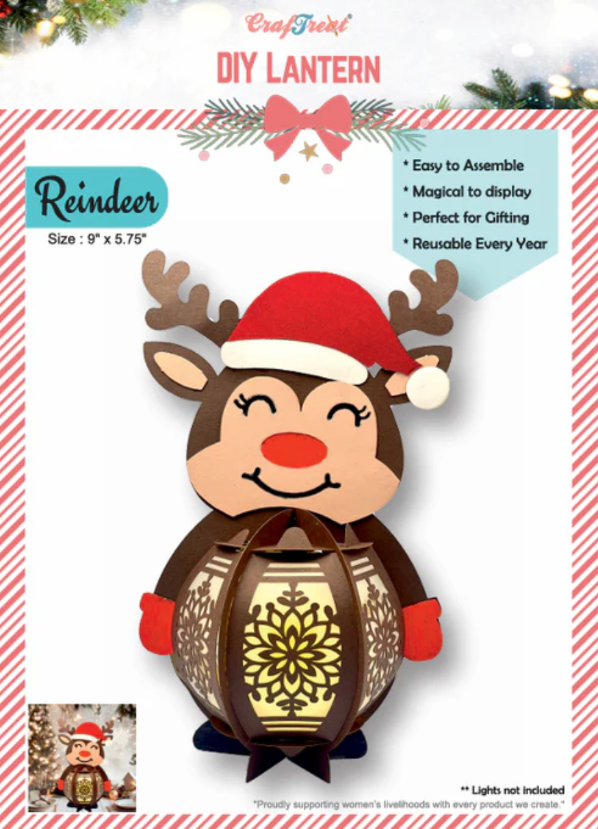 Reindeer-shaped DIY lantern with a Santa hat on a white background