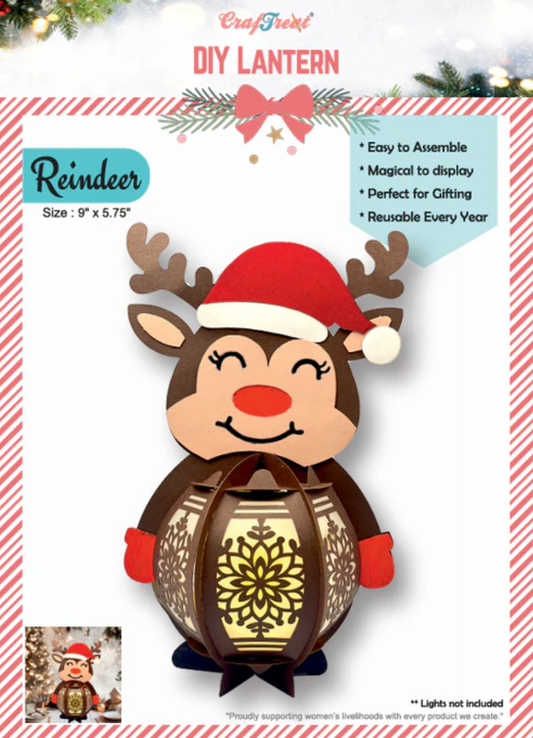 Reindeer-shaped DIY lantern with a Santa hat on a white background