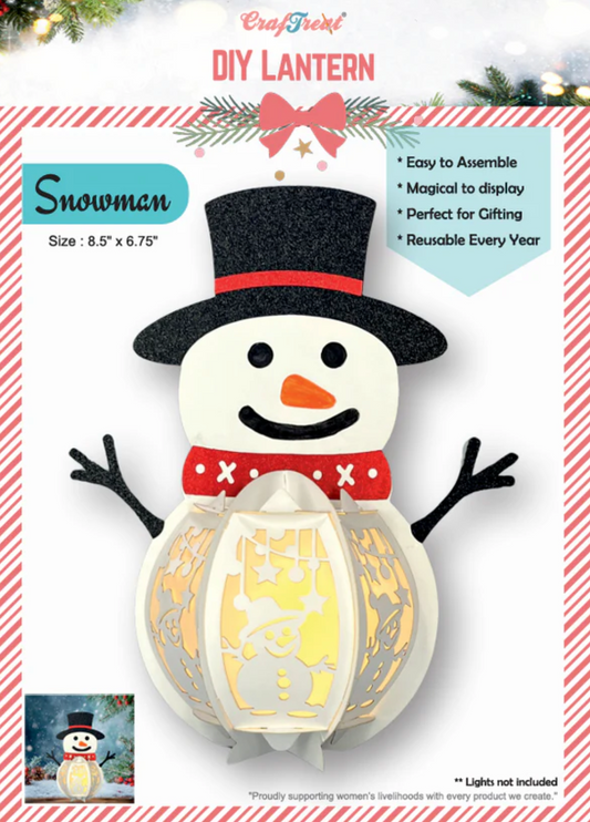 Snowman DIY lantern kit with packaging featuring a snowman illustration and text.