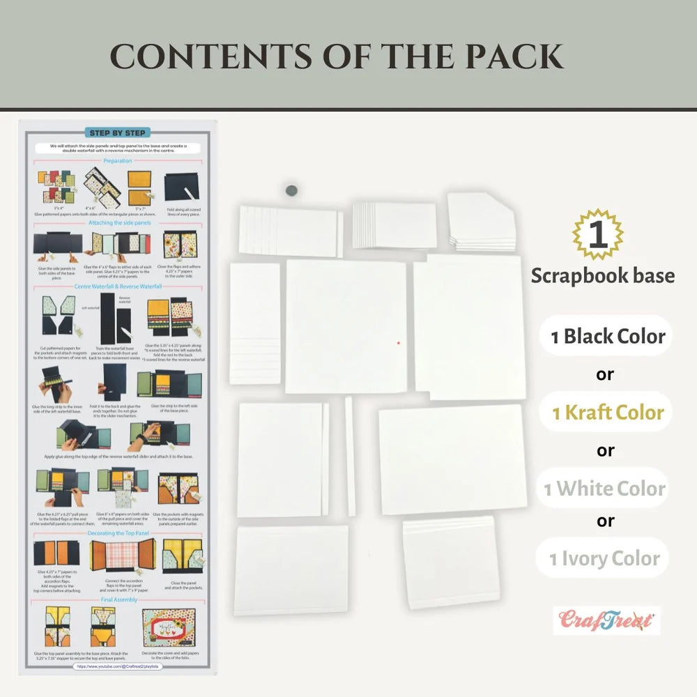 Contents of a scrapbooking paper pack displayed on a light gray background, featuring a printed instruction sheet on the left and loose sheets of paper in black, kraft, white, and ivory colors on the right. Text reads 'CONTENTS OF THE PACK' and lists the paper options.