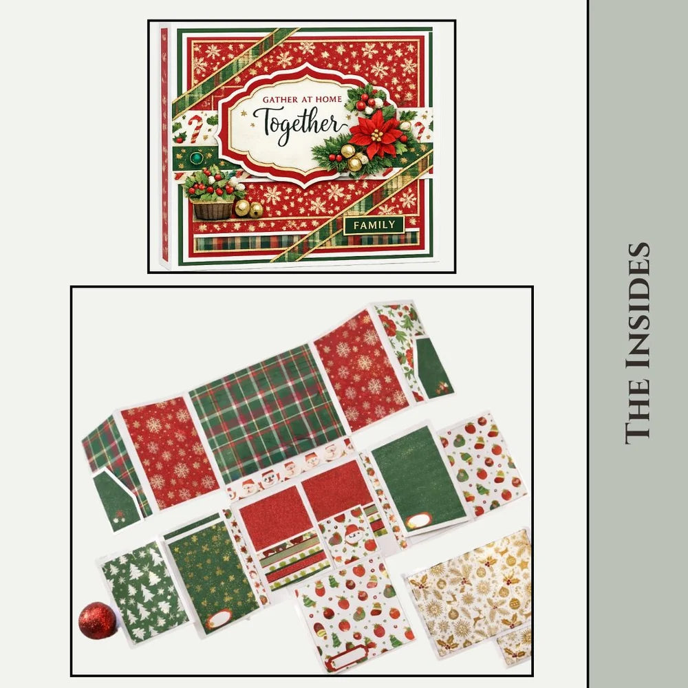 Collection of Christmas-themed stationery items with decorative patterns and text.