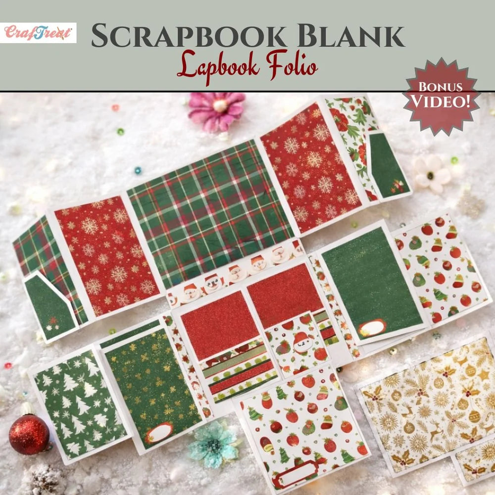 Scrapbook blank lapbook folio with Christmas-themed patterns on a light background