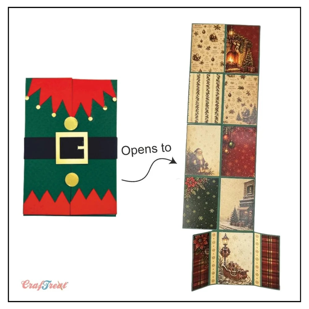 A Christmas-themed accordion card or advent-style paper craft shown on a white background, with a front panel featuring a green elf design and an arrow pointing to the unfolded interior panels decorated with holiday scenes and patterns.
