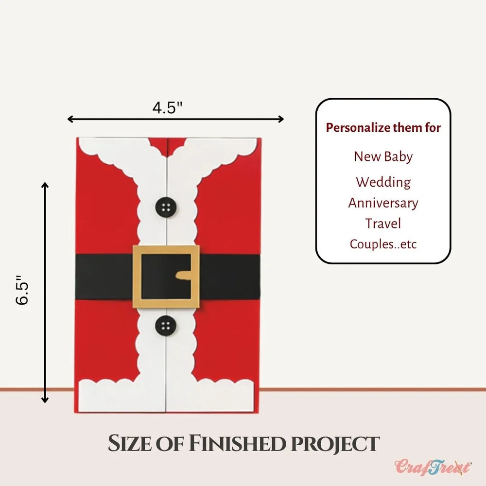 A size diagram for a personalized Christmas-themed project, showing a red and white vertical panel with a black belt and gold buckle detail, labeled 4.5 inches wide by 6.