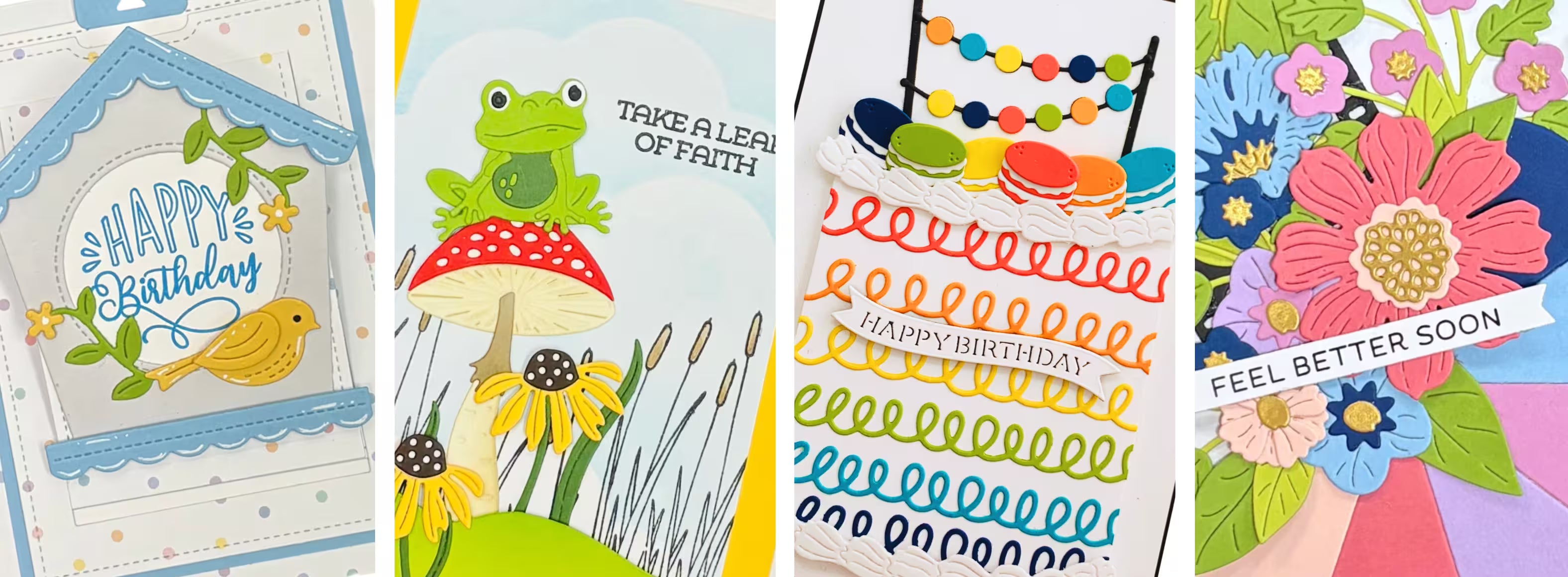 Collection of colorful greeting cards with various designs and messages.