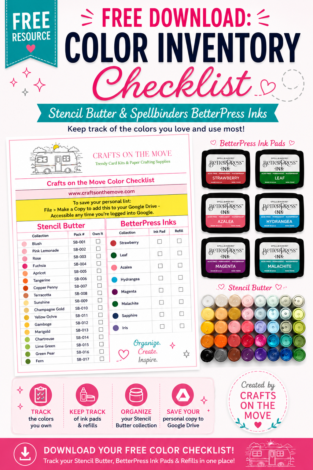 Color inventory checklist for Stencil Butter and Spellbinders BetterPress Inks with colorful ink pads and text.