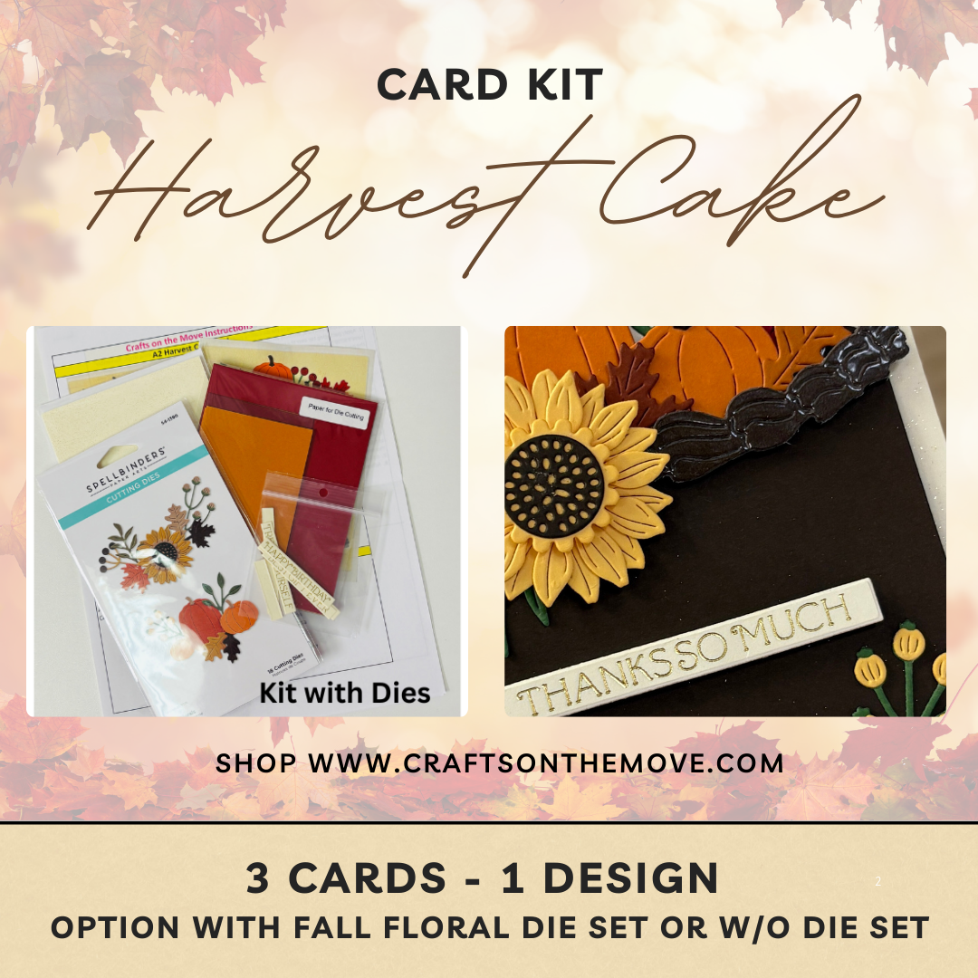 Harvest Cake card kit with dies and floral elements on a decorative background