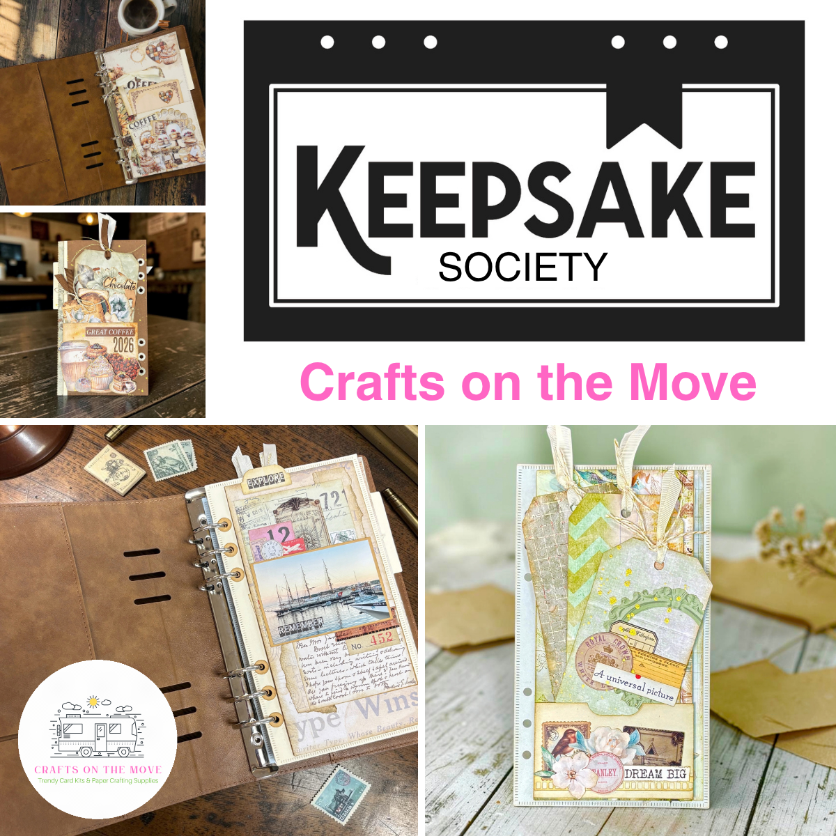 A collage-style promotional graphic for Keepsake Society Crafts on the Move, showing several handmade scrapbook/journaling keepsake pieces: an open brown binder with layered paper inserts, a hanging embellished tag, and a decorated rectangular paper piece on a rustic surface. The large central logo reads Keepsake Society, with pink text below.