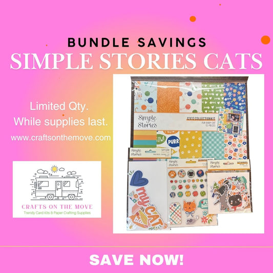 Promotional graphic for a craft bundle called Simple Stories Cats, showing multiple patterned paper sheets and sticker sheets in a clear plastic organizer. The image has a pink-to-yellow gradient background with text reading 'Bundle Savings', 'Simple Stories Cats', 'Limited Qty.