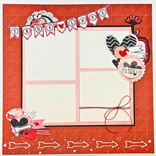 Valentine's Day themed scrapbook page with decorative elements on a red background