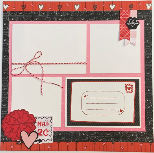 Valentine's Day themed scrapbook layout with hearts, ribbons, and decorative elements.