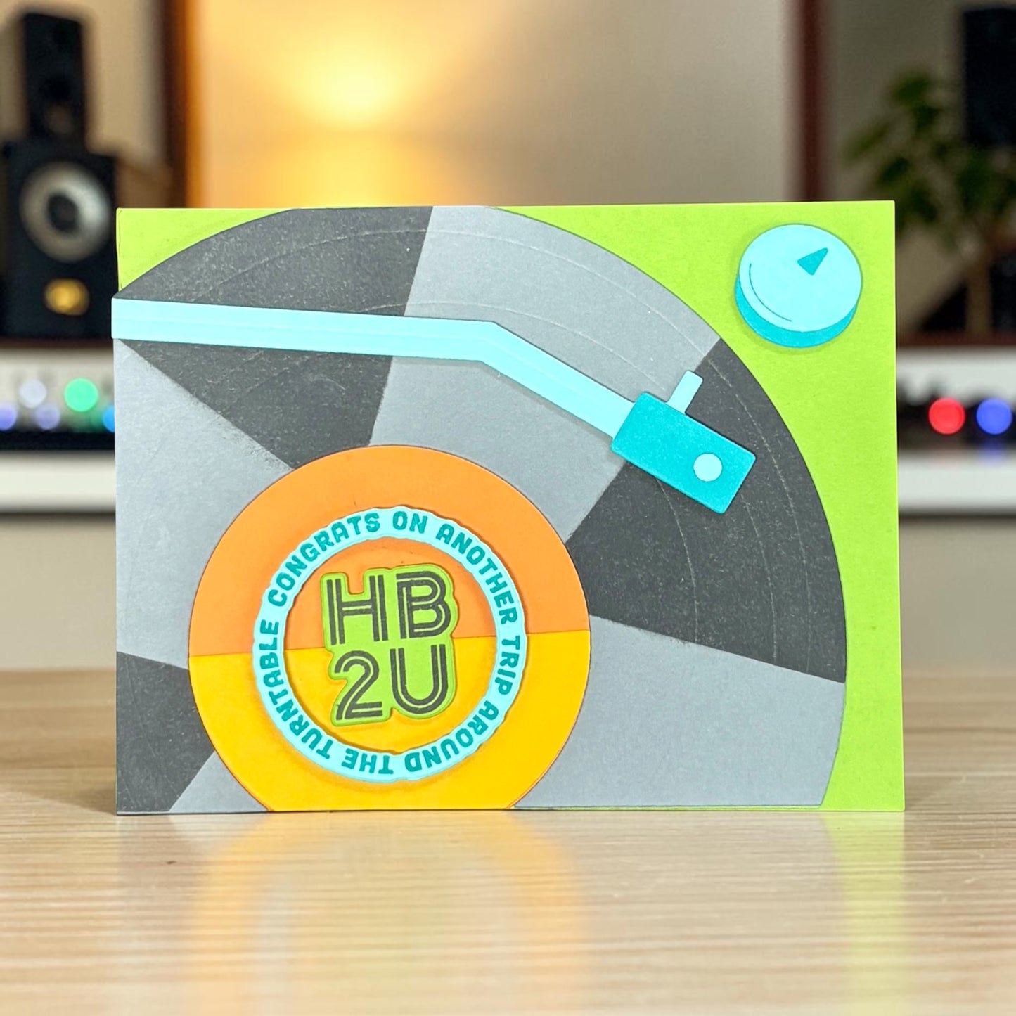 handmade hB2U card with a black and grey vinyl record player on a green card base.