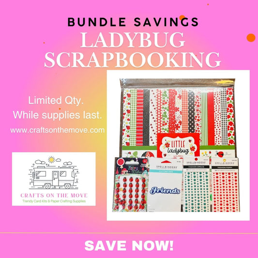 Promotional graphic for a Ladybug Scrapbooking bundle by Crafts on the Move, featuring a collection of patterned paper sheets, stickers, and embellishments in red, green, black, and white. The graphic has a pink-to-orange gradient background with text reading 'BUNDLE SAVINGS', 'LADYBUG SCRAPBOOKING', 'Limited Qty.