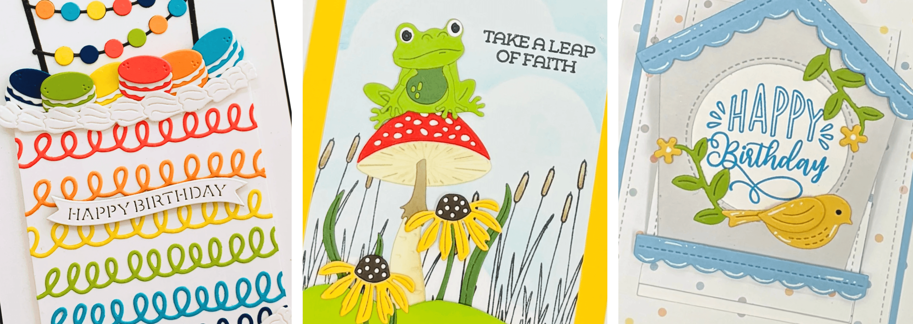 Three colorful greeting card designs shown side by side: a birthday card with a cake and rainbow, a frog on a mushroom card reading 'TAKE A LEAP OFF FAITH,' and a yellow bird 'HAPPY Birthday' card with floral accents.