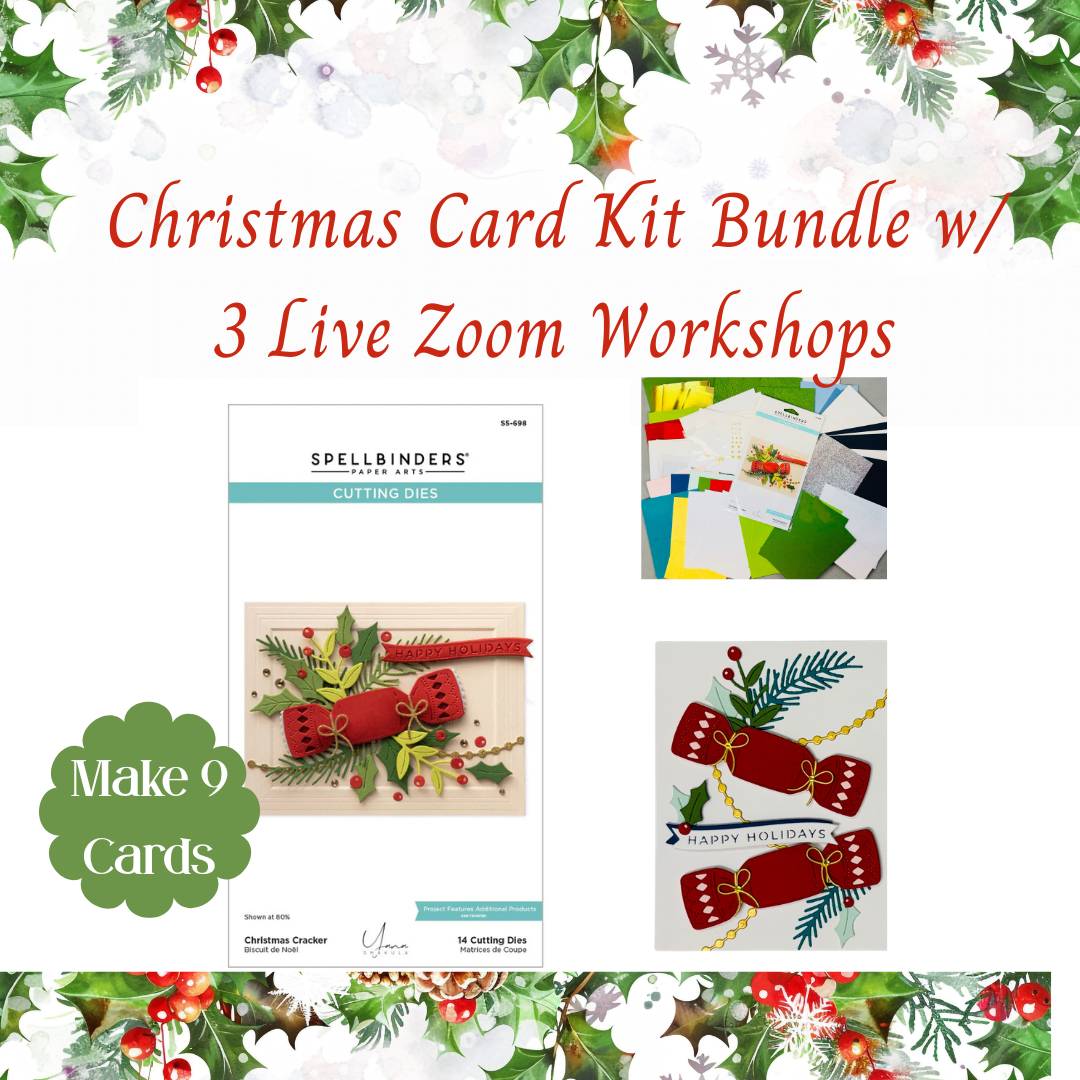 Christmas card kit bundle with Spellbinders cutting dies and live Zoom workshops on a white background.