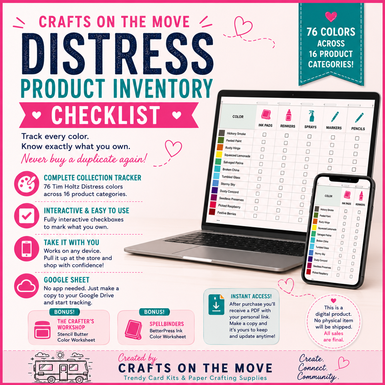 Product inventory checklist for Tim Holtz Distress products on a laptop screen with promotional text.