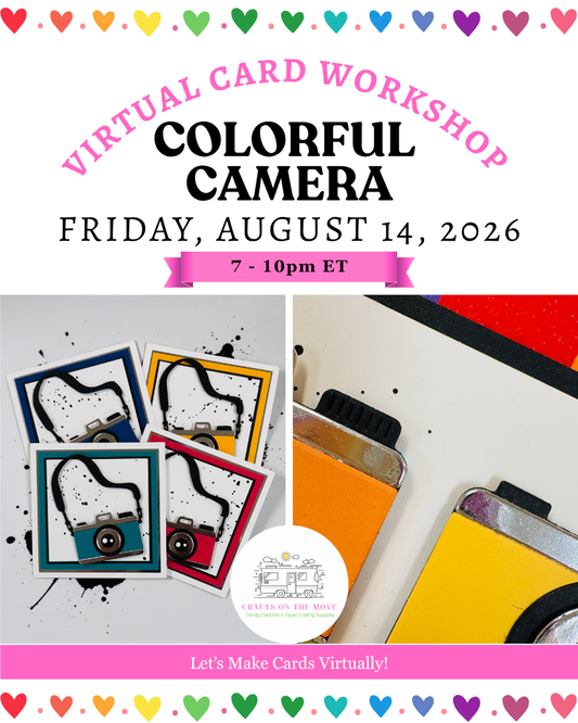 Crafts on the move promotional graphic for virtual colorful camera card workshop with colored cameras on cards