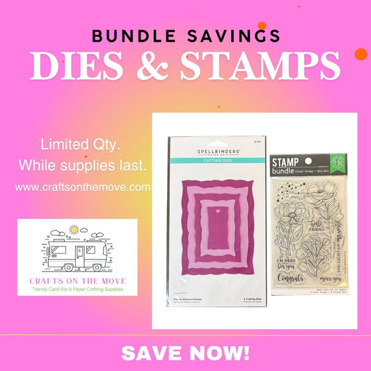 Promotional graphic for a bundle of dies and stamps. The image features two products: a package of Spellin' in'cre coordinating dies in pink and purple tones, and a clear stamp bundle with floral and nature designs.