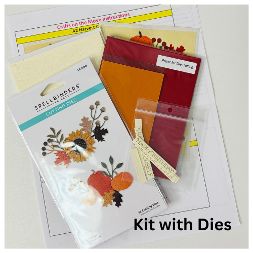 Crafts kit with dies, paper, and instructions on a white background