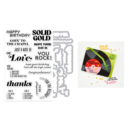 sentiment stamps and dies along with a record player card