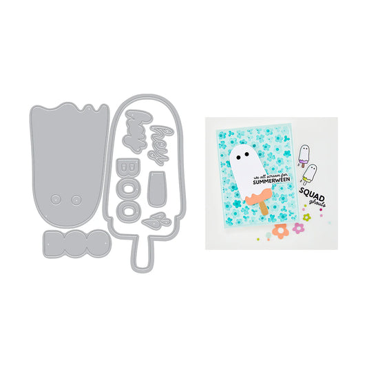 orange popsicle ghost card with 8 grey metal dies