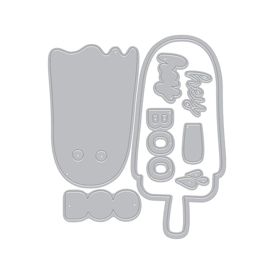 ghost and popscicle outline in grey along with word boo and hey
