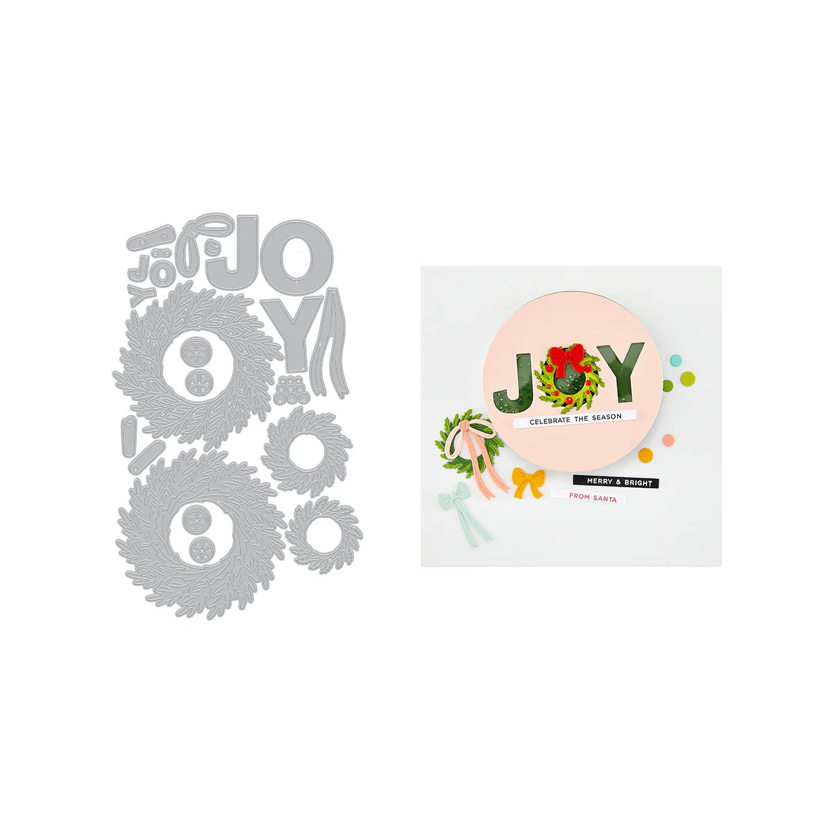 Winter Wreath dies with JOY wreath card featuring bows and celebrate the season sentiment