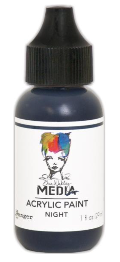 Dina Wakley Media Acrylic Paint bottle in NIght, 1oz, with black cap and label featuring a colorful watercolor face illustration