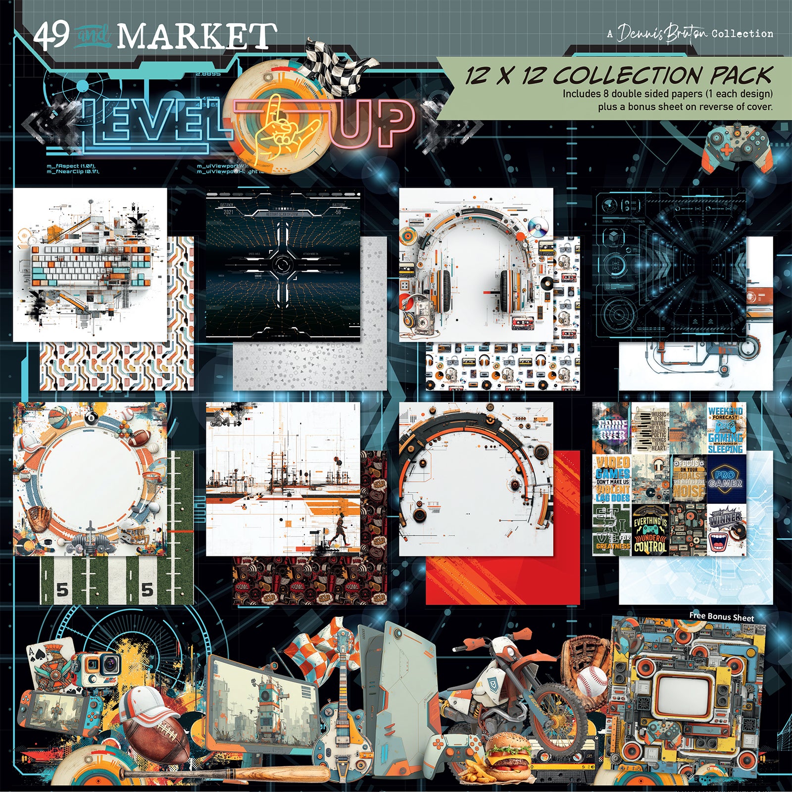A collage for a 12 x 12 collection pack themed around sports and gaming, featuring various graphic templates, textures, and design elements on a dark futuristic background.