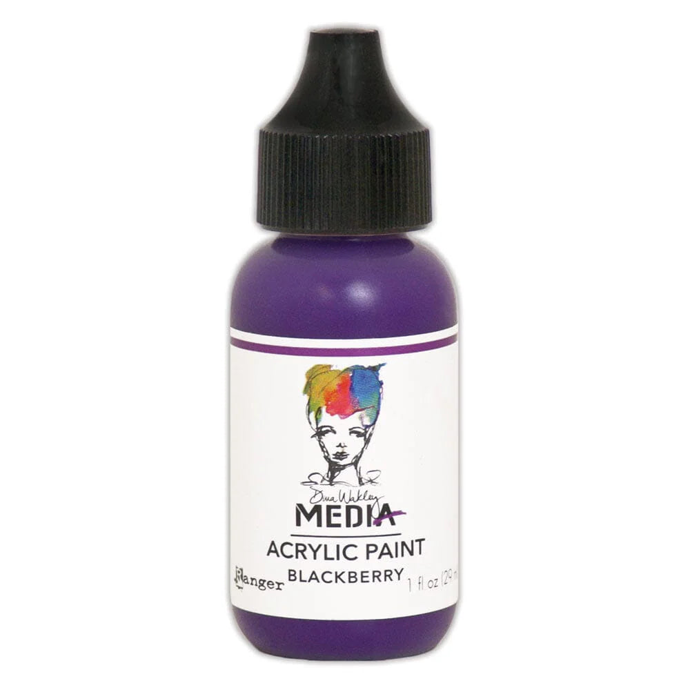 A bottle of Dina Wakley Media Acrylic Paint in the shade Blackberry, featuring a purple body, a black dropper cap, and a white label with the brand logo.