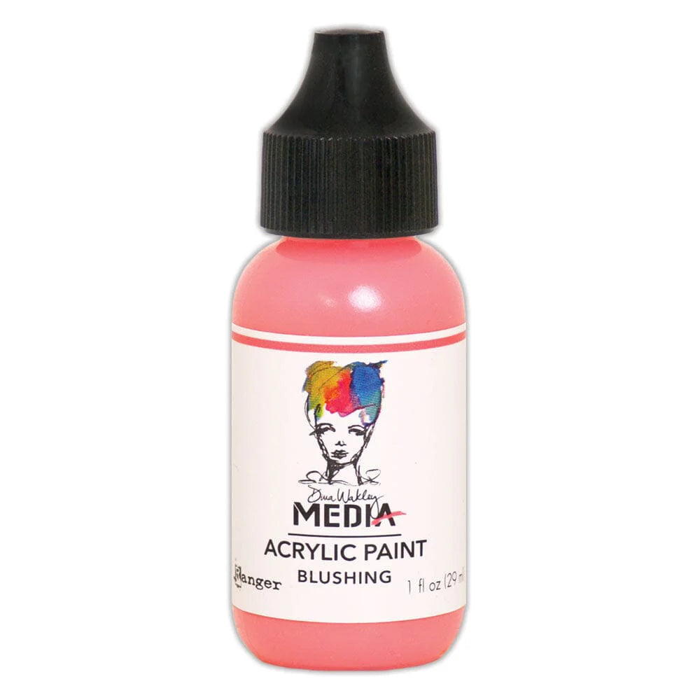 A bottle of Ranger Media Acrylic Paint in the shade Blushing, featuring a black dropper cap and a white label with a colorful illustration of a woman's face.