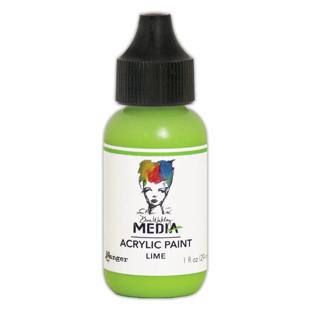 Bottle of lime green acrylic paint with a black cap on a white background
