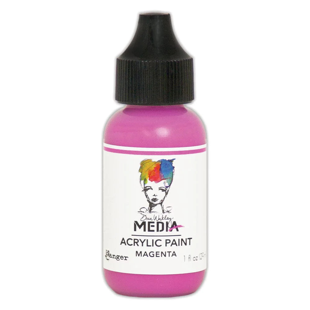 Bottle of Magenta acrylic paint with a black cap on a white background