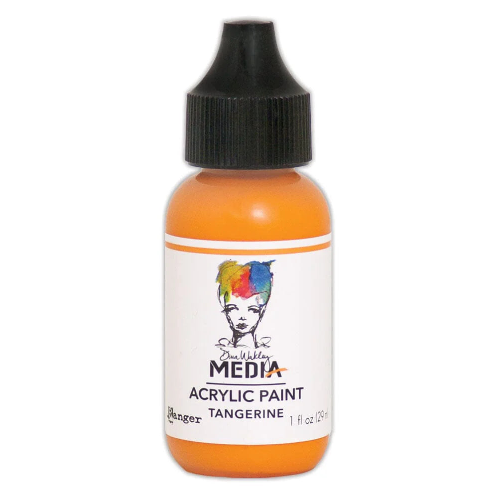 A bottle of Ranger Media Acrylic Paint in Tangerine, featuring a translucent orange body, a white label with a colorful illustration, and a black dropper cap, set against a plain white background.