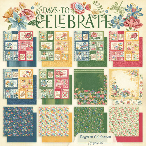 A collage of multiple scrapbook paper and cardstock designs under the title 'Days to Celebrate' with floral and decorative illustrations. The set includes patterned papers, striped sheets, floral cardstock, and coordinating paper stacks in many colors on a light cream background.