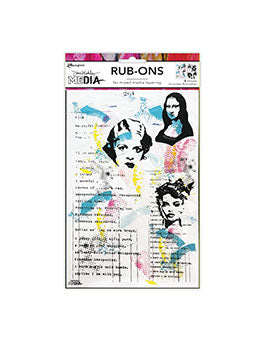 A Rub-Ons media art sheet featuring pop-art portraits of Mona Lisa, Frida Kahlo, and Helen Hartley Sandberg with text and colorful paint splatters on a white background.